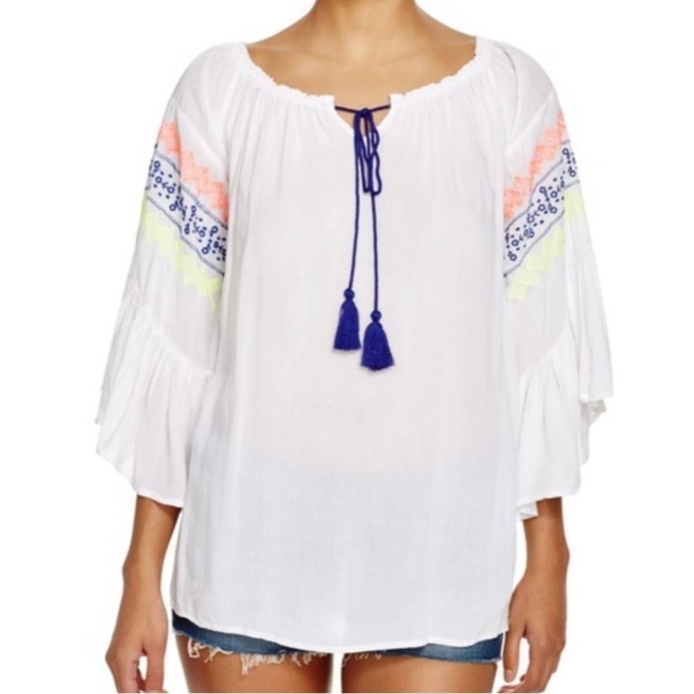 Surf Gypsy Neon Embroidered Bell Sleeve Boho Style Top With Tassels.